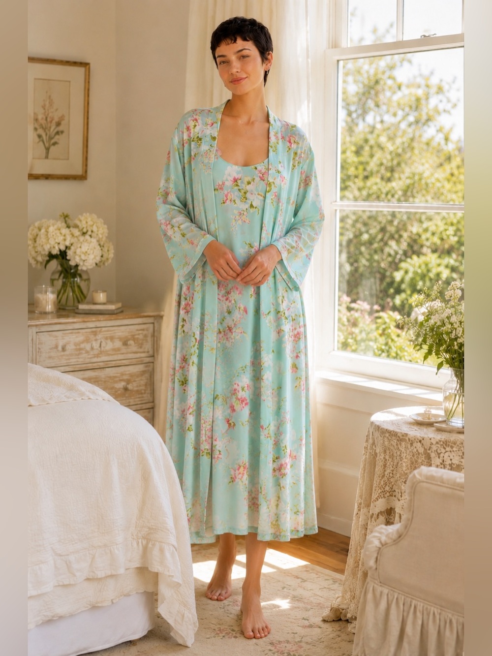 Vintage Oscar de la Renta Pink Label Floral Robe Nightgown Set M
